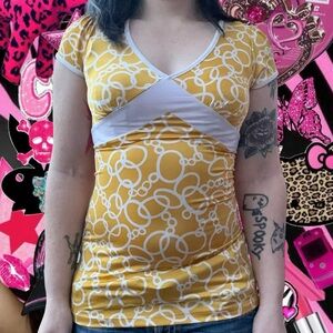 vtg y2k tendency mcbling bimbo fitted skin tight aop babydoll style vneck, sz sm